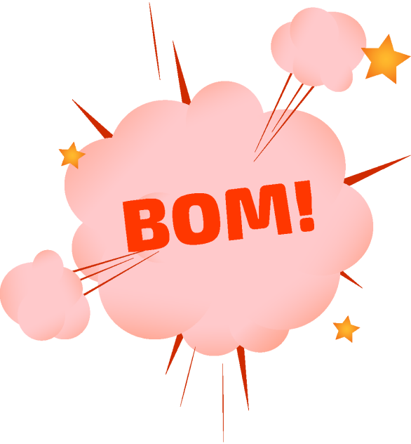 En röd tecknad explosion med texten BOM!