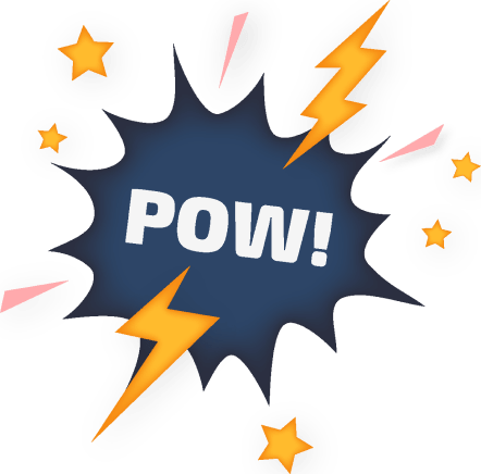 En blå tecknad explosion med texten POW!