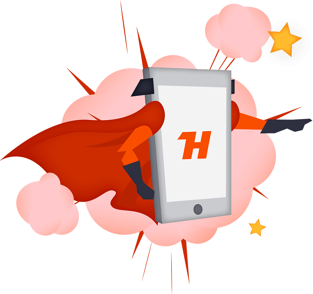 En telefon klädd som en superhjälte med HelpHero loggan.